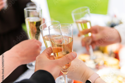 Hands clinking champagne glasses in a celebratory toast, festive moment, close-up