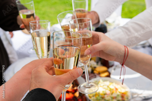 Hands clinking champagne glasses in a celebratory toast, festive moment, close-up