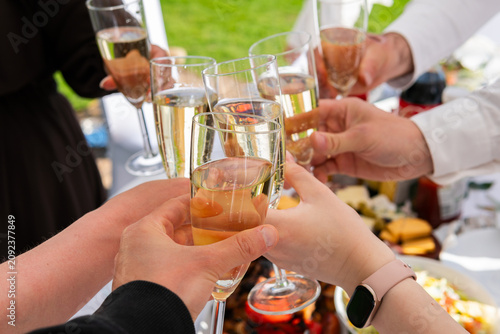 Hands clinking champagne glasses in a celebratory toast, festive moment, close-up