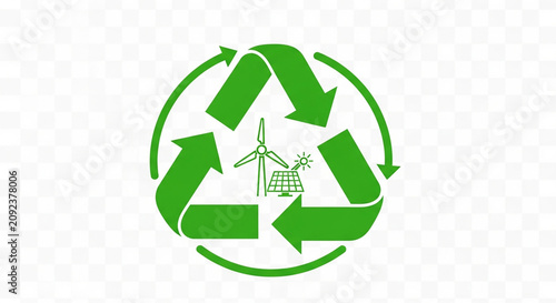 Recycling Loop with Wind Turbine and Solar Panel in Green Circular Arrows Illustration