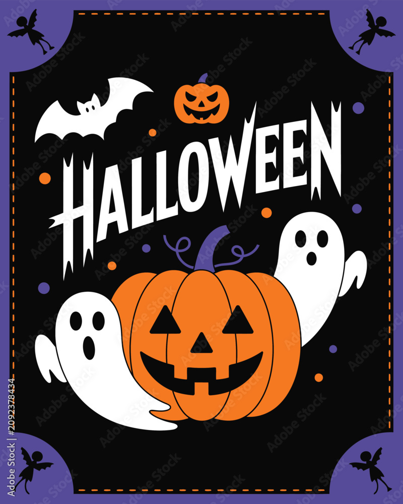 Obraz premium Grinning pumpkin and two white ghosts create a spooky Halloween scene with bats and text