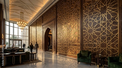 Luxury hotel lobby with grand islamic geometric wall art featuring intricate gold patterns on wood and polished marble floor.