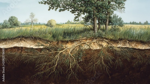Cross section of soil showing grass and extensive root system.