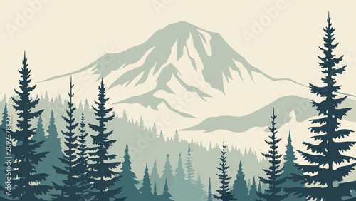 Canvastavla Stylized Mountain Landscape With Evergreen Trees Is A Vintage inspired Vector Il