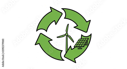 Renewable Energy Cycle with Wind Turbine and Solar Panel in Green Circular Arrows Illustration