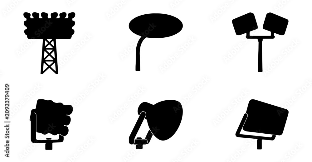 Fototapeta premium Modern black silhouette spotlight icons, stadium lighting vector set, outdoor floodlight illumination graphics, stage light design elements for events and architecture