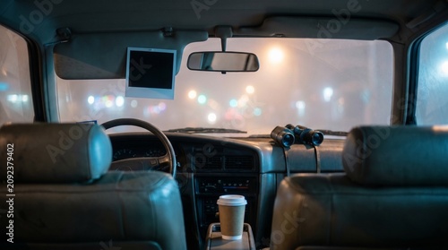Fotografie Blank instant photo in stakeout car on foggy night