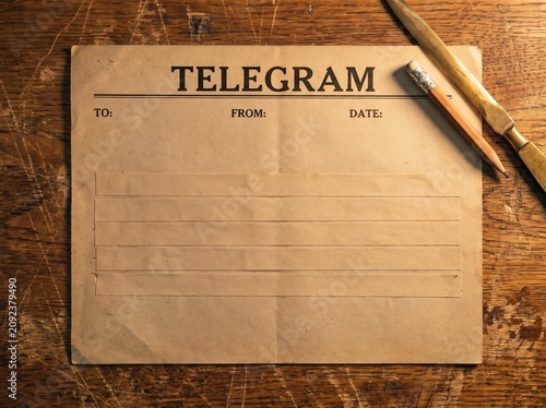 Fotografía Old telegram paper with pencil on scratched wooden table