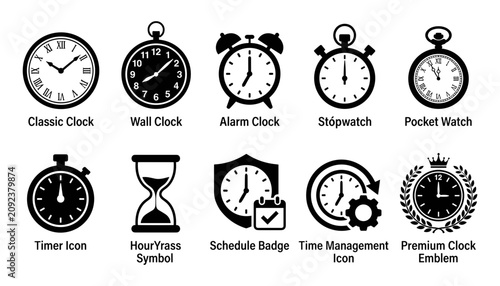 Photos Clock Icon Set with Classic, Wall, Alarm, Stopwatch, Pocket, Timer, Hourglass, S