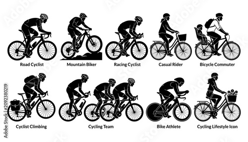 Fotografía Bicycle Cycling Icon Set with Silhouetted Riders for Road Cycling, Mountain Biki