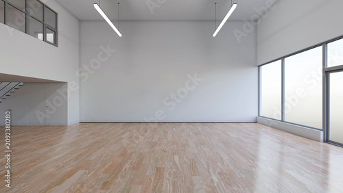 Bright minimalist commercial interior with wooden flooring and floor to ceiling windows