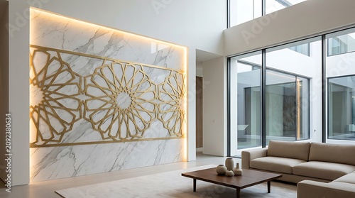 Minimalist modern living room with large gold islamic geometric wall sculpture on white marble feature wall and garden view.