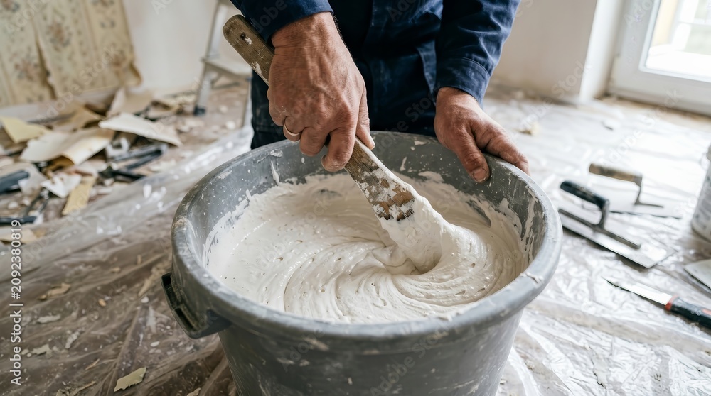 Fototapeta premium A worker mixing white plaster in a grey bucket with a wooden stirrer.