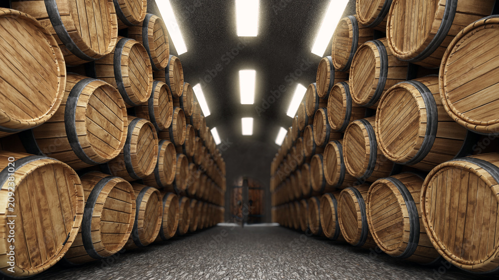 Obraz premium Wine cellar with stack of wooden barrels. 3D illustration
