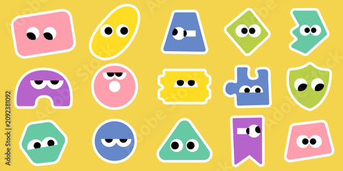 Colorful geometric shape characters with funny eyes vector sticker set