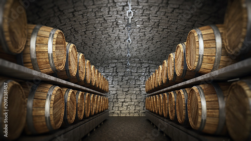 Fotografía Stocked wine barrels across two sides of corridor of a wine cellar