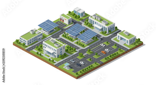 Isometric view of modern eco friendly office complex with solar panels.