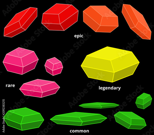 Fotografía Crystal loot and treasure icons set, neon geometric mineral gems with categories common, rare, epic, and legendary on black background