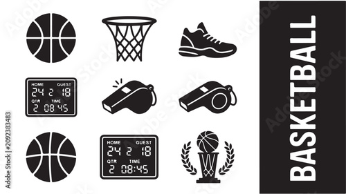 Black and white basketball icons set including ball, hoop, sneaker, scoreboard, whistle and trophy on white background