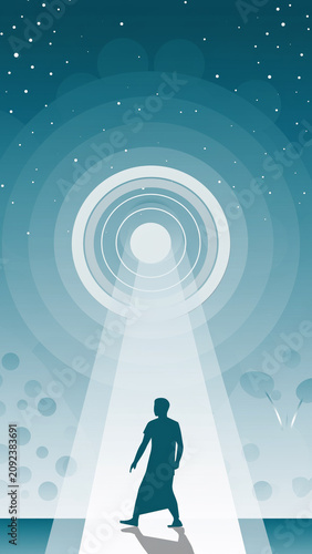 Silhouette of a person walking towards a circular, glowing tunnel with starry sky.