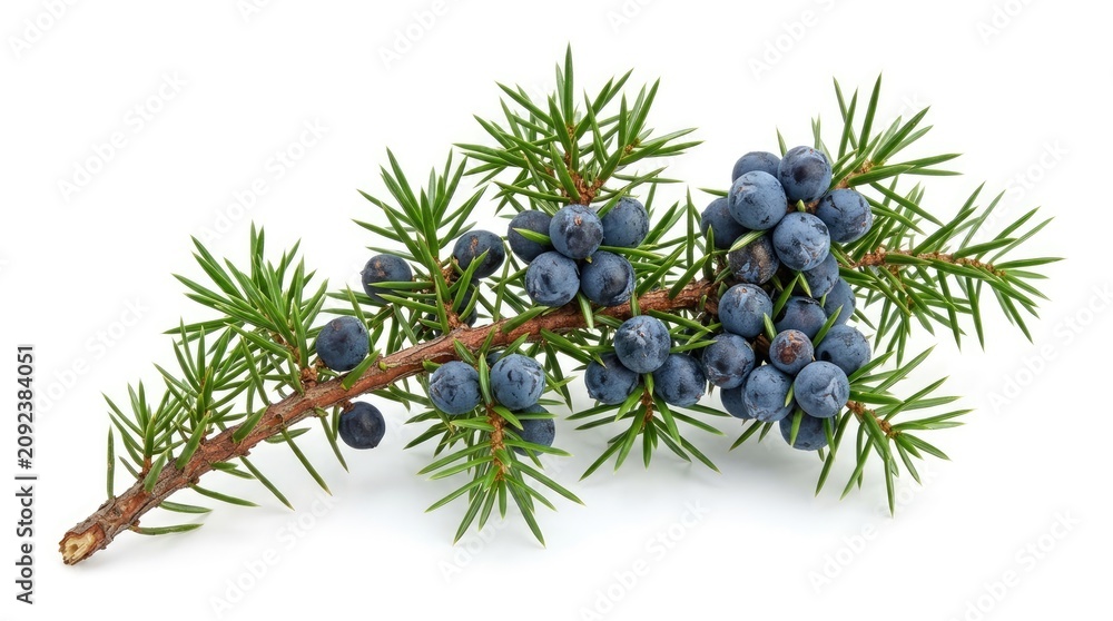 Fototapeta premium A branch of juniper berries rests on a white surface.