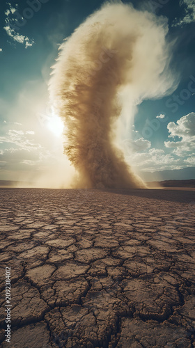 Dust devil rises from the parched desert floor creating a massive swirling column of sand against a bright sunlit horizon.