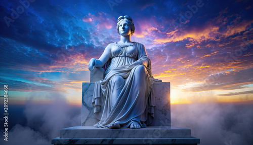 Statue of a seated woman with a dramatic sky background.