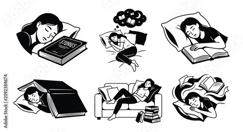 Foto Sleeping people with books black and white vector illustration