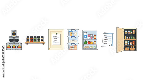 Set of kitchen pantry organization icons featuring food storage containers shelves with spice jars a refrigerator and a handwritten grocery shopping list