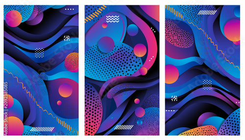 Three abstract digital art panels with vibrant colors and geometric shapes.