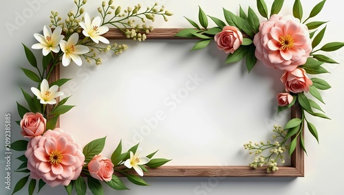 Artwork showing floral wooden frame with pink peonies roses white lilies green leaves and buds arranged around corners leaving center empty