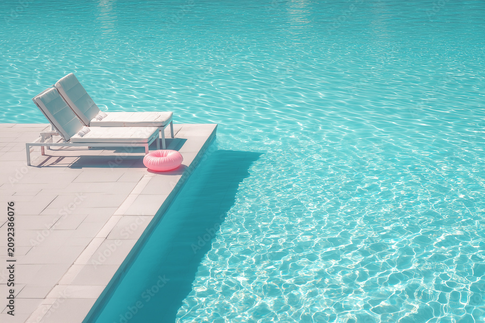 Obraz premium Minimal poolside scene with no people, capturing a calm summer vacation atmosphere