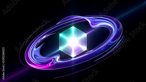 Glowing purple and blue neon cube surrounded by swirling ring, black background