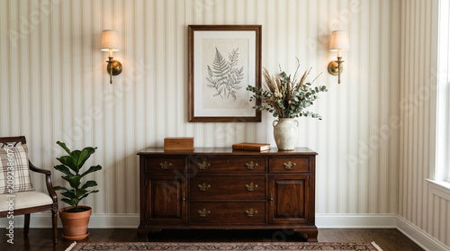 Classic interior with dark wooden sideboard and striped vintage wallpaper.