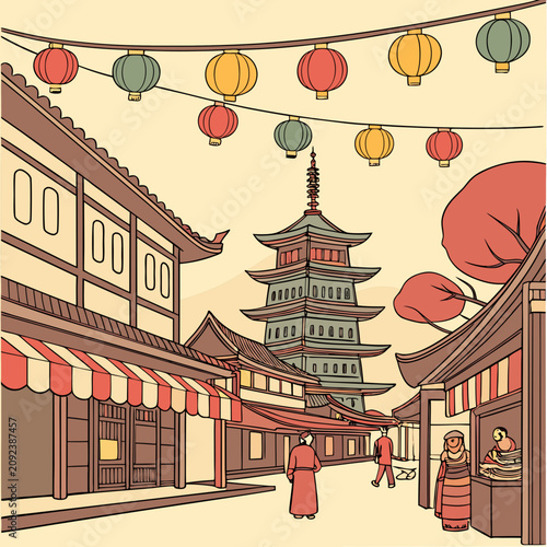 Bild auf Leinwand Illustration of a traditional asian street market with a pagoda and lanterns tra