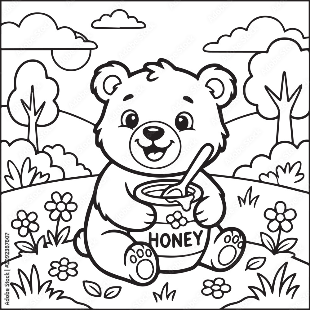 Obraz premium Cute Bear Holding Honey Pot Coloring Page – Cartoon Forest Animal