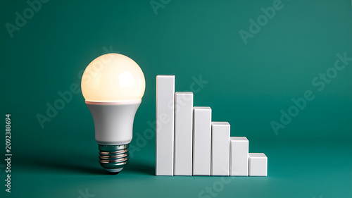 Light bulb and decreasing white bar graph on teal background, white bars illuminated bulb