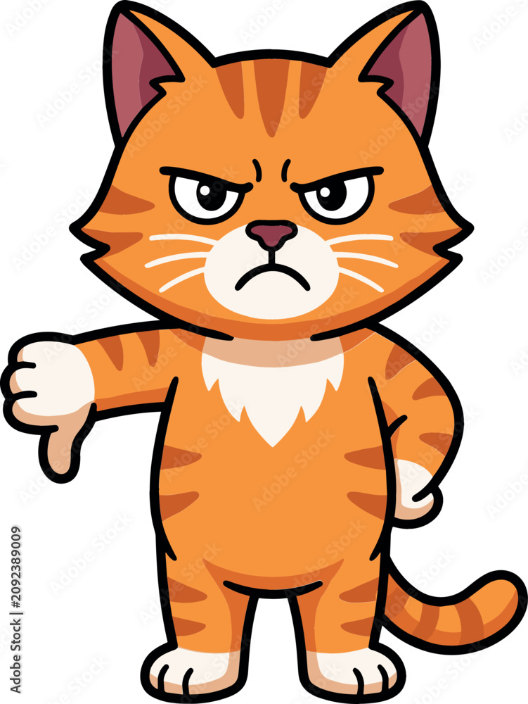 Fototapeta premium Grumpy Ginger Tabby Cat Cartoon Character Standing with a Scowling Angry Expression and Showing a Thumbs Down Hand Gesture Vector Illustration