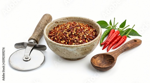 A rustic ceramic bowl filled with vibrant red chili flakes, accompanied by fresh red and green chilies, a wooden spoon, a pizza cutter, and a clean white background