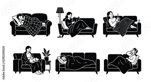 Canvastavla People Relaxing On Sofas Black Vector Illustration Set