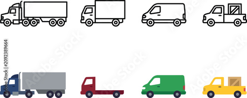 Tableau sur toile Delivery van and freight truck vector icon set in outline and flat colored styl