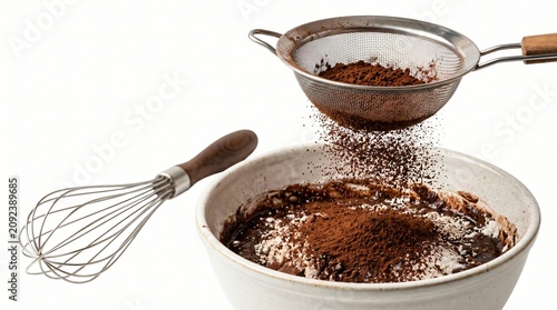 Close-up of a fine mesh sieve gently sifting cocoa powder into a bowl of chocolate batter with a whisk and wooden handle in the background
