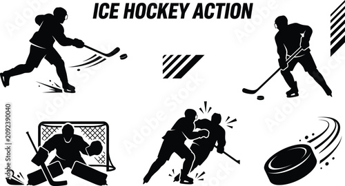 Photography Ice Hockey Action Silhouettes with Players Goalie and Puck Motion Vector Set