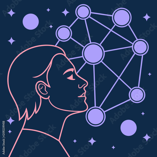 Tableau sur toile Illustration of a person thinking with a network of connected nodes in their min