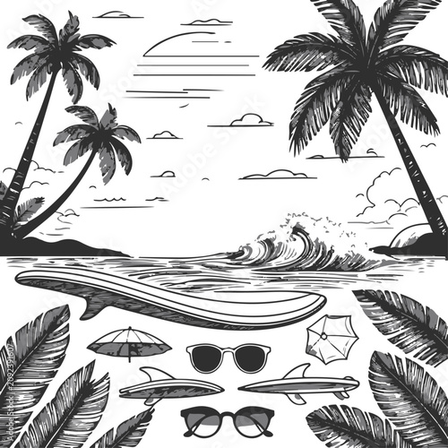 Photography Minimal hand-drawn coastal doodle collection, surfing lifestyle elements includ