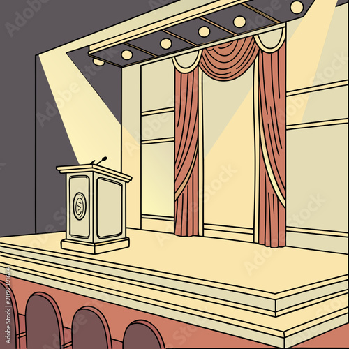 Canvas-taulu Podium with microphone on stage with red curtains and spotlights microphone curt