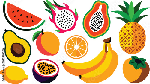Tropical Fruit Collection Vector Set Featuring Watermelon, Dragon Fruit, Papaya, Pineapple, Banana, Orange, Avocado, Mango, Lemon, and Passion Fruit Illustrations