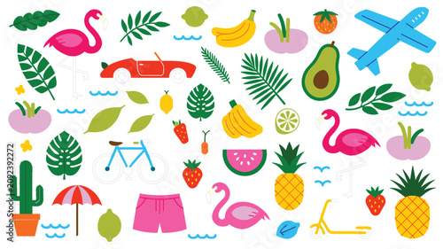 Summer Vacation Tropical Collection Vector Featuring Flamingos, Airplane, Fruits, Palm Leaves, Beach Elements, Travel Icons, and Exotic Holiday Illustrations