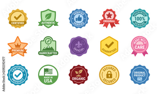 Collection of certification stamps and verified product seals flat icon set