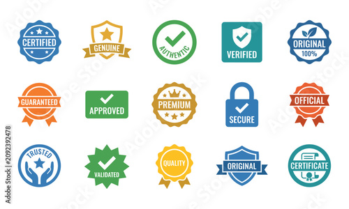 Collection of certification stamps and verified product seals flat icon set